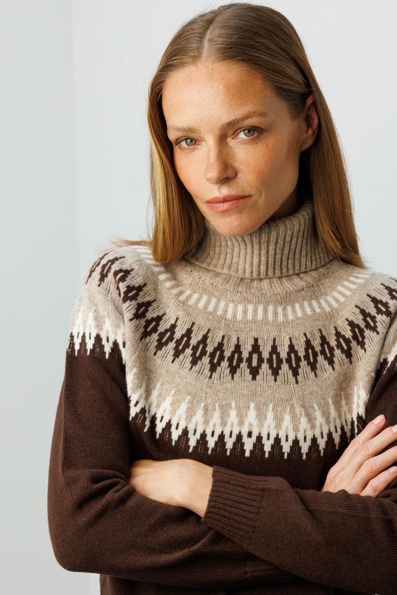 Desen Triko Kadın Tam Balıkçı Yaka Robası Baklavalı Yün Kazak 25219 Kahverengi Kahverengi