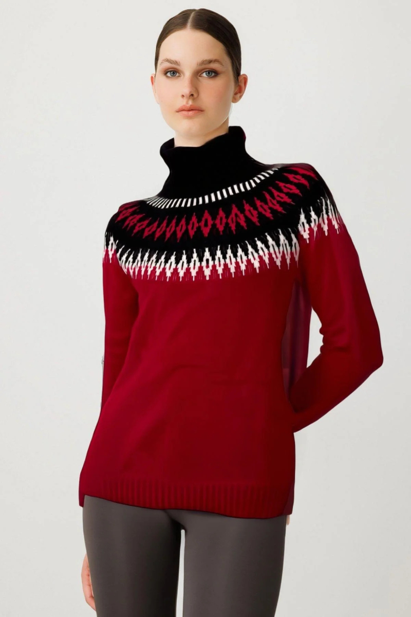 Desen Triko Kadın Tam Balıkçı Yaka Robası Baklavalı Yün Kazak 25219 K.Kırmızı K.KIRMIZI