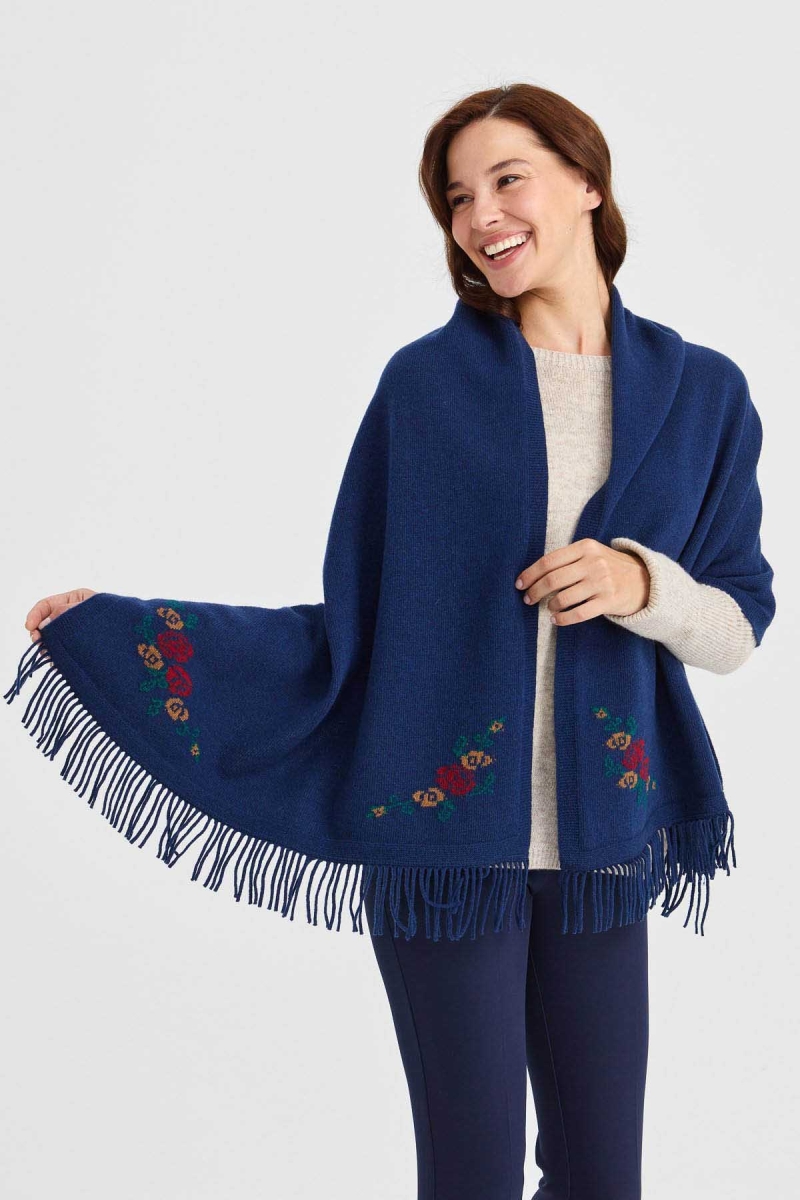 Desen Triko Kadın Triko Kenarı Çiçekli Yün Şal 23224 Indigo Indigo