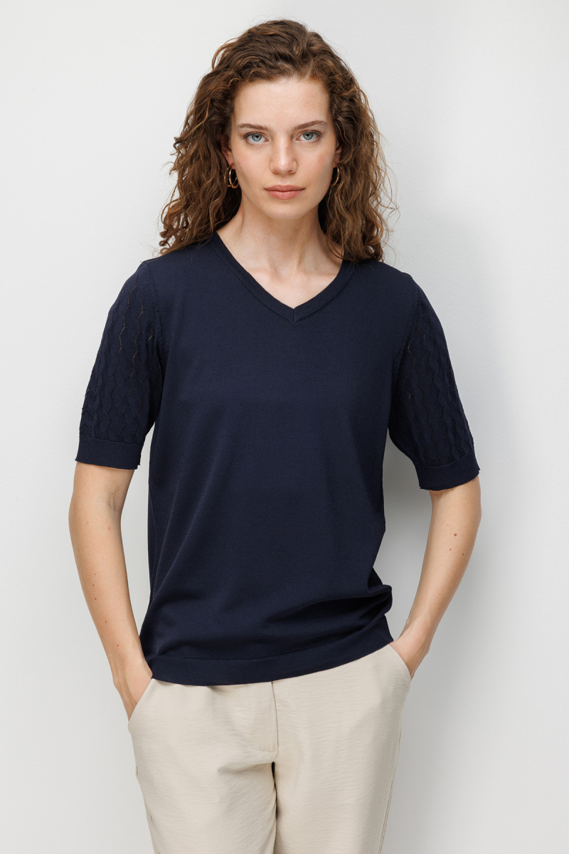 Desen Triko Kadın V Yaka Ajurlu Kısa Kollu İnce Triko Bluz 26352 Koyu Lacivert Koyu Lacivert