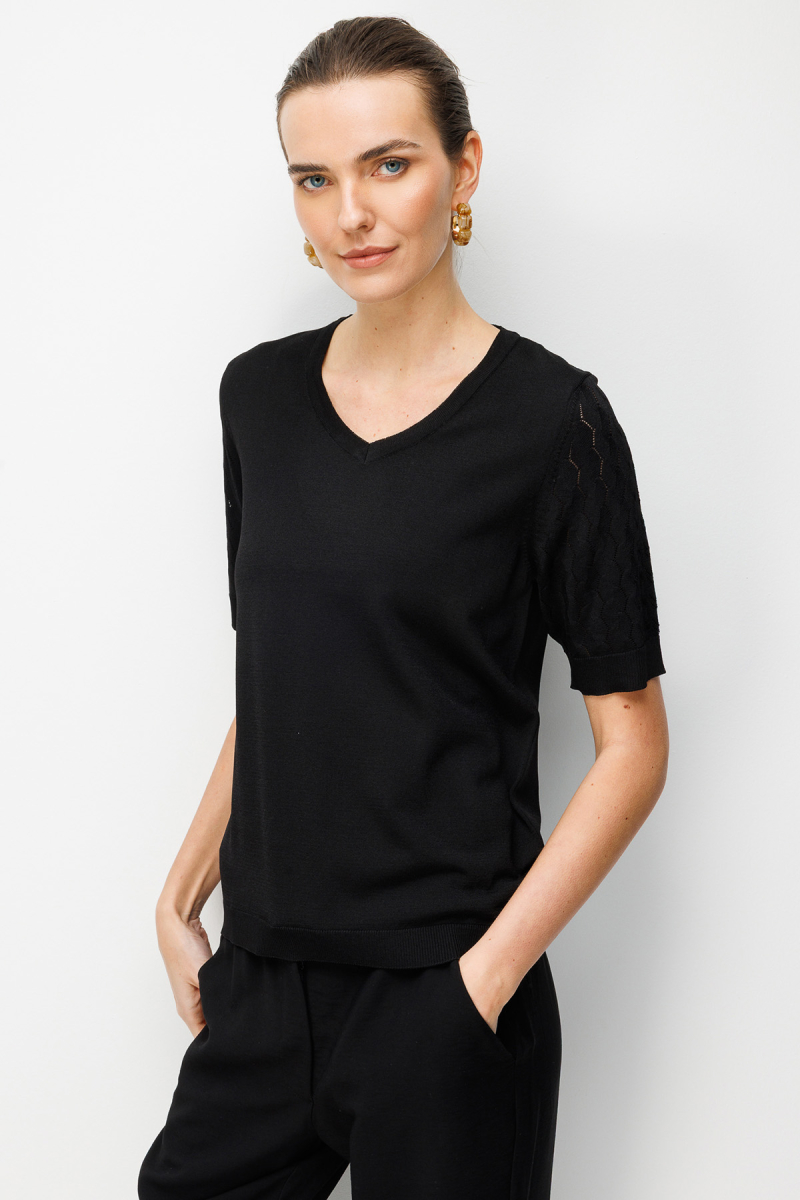 Desen Triko Kadın V Yaka Ajurlu Kısa Kollu İnce Triko Bluz 26352 Siyah Siyah