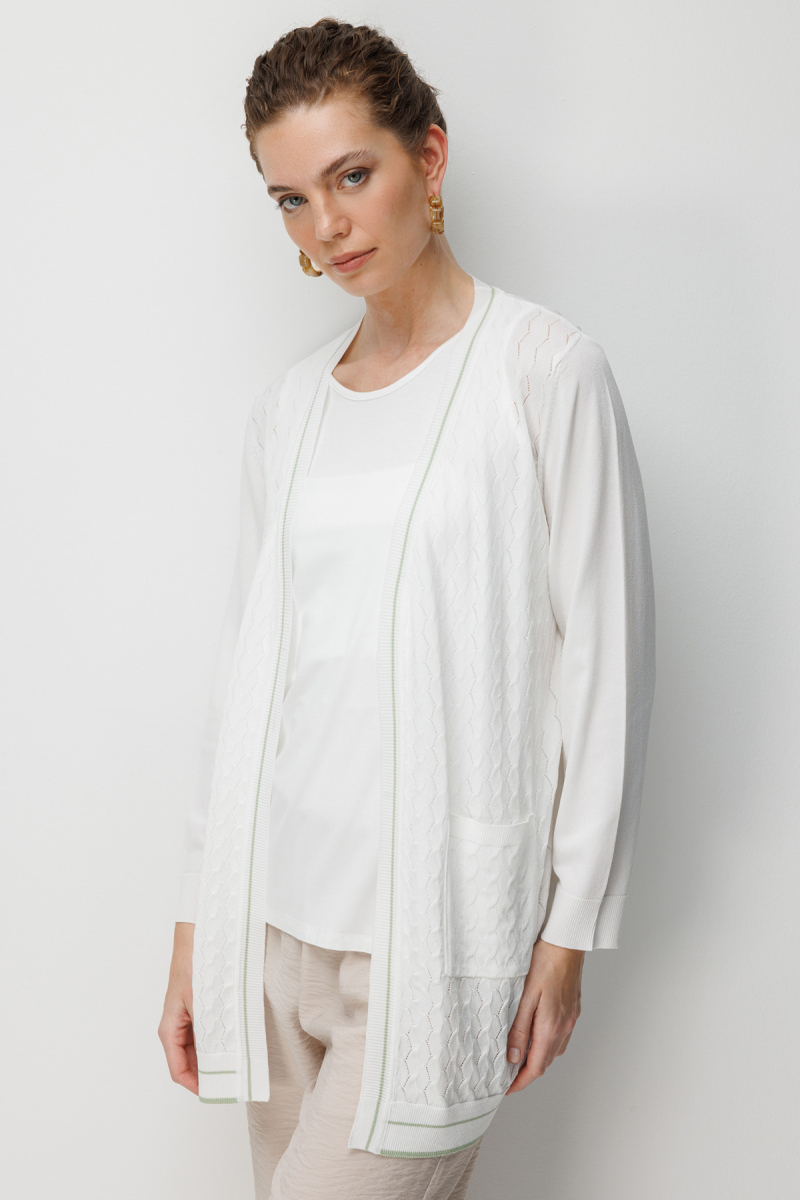 Desen Triko Kadın V Yaka Ajurlu Önü Açık İnce Triko Hırka 26357 Kemik Kemik