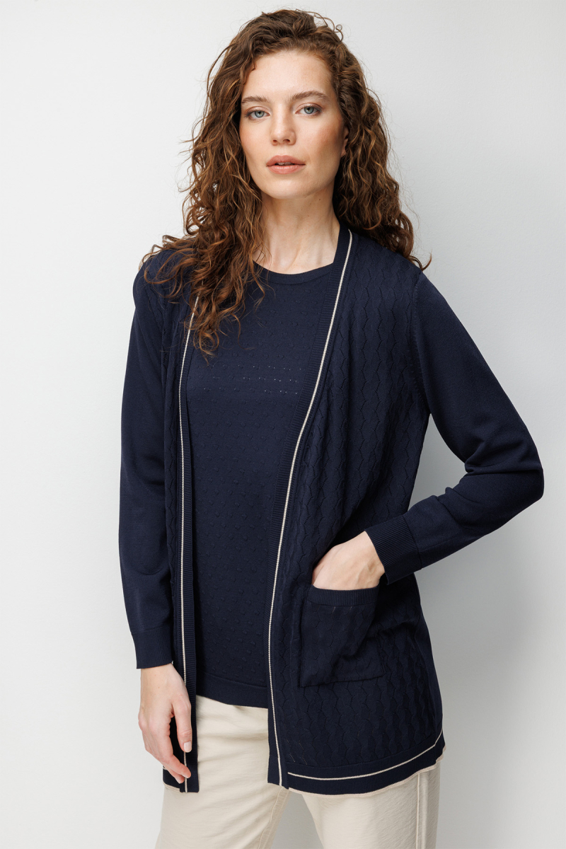 Desen Triko Kadın V Yaka Ajurlu Önü Açık İnce Triko Hırka 26357 Lacivert Lacivert