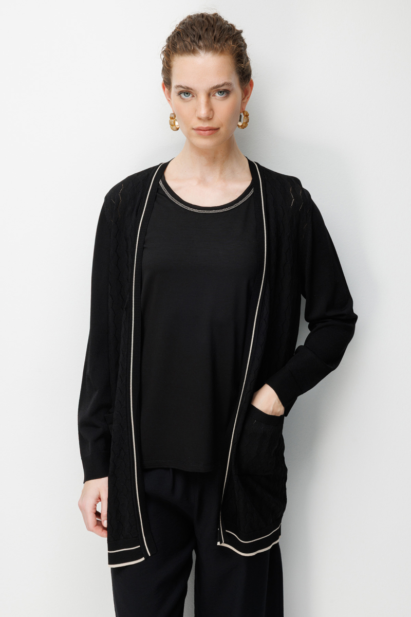 Desen Triko Kadın V Yaka Ajurlu Önü Açık İnce Triko Hırka 26357 Siyah Siyah