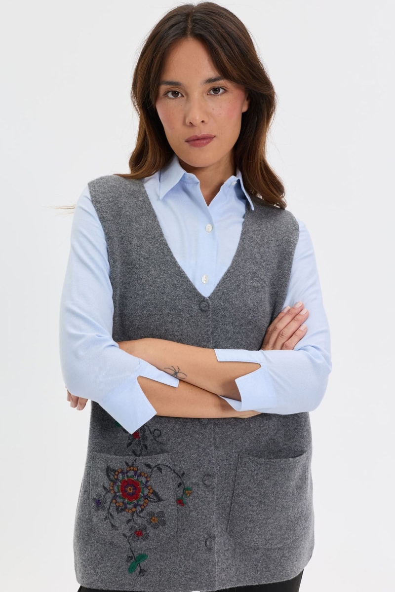 Desen Triko Kadın V Yaka Çapraz Desenli Kısa Yün Yelek Füme Füme