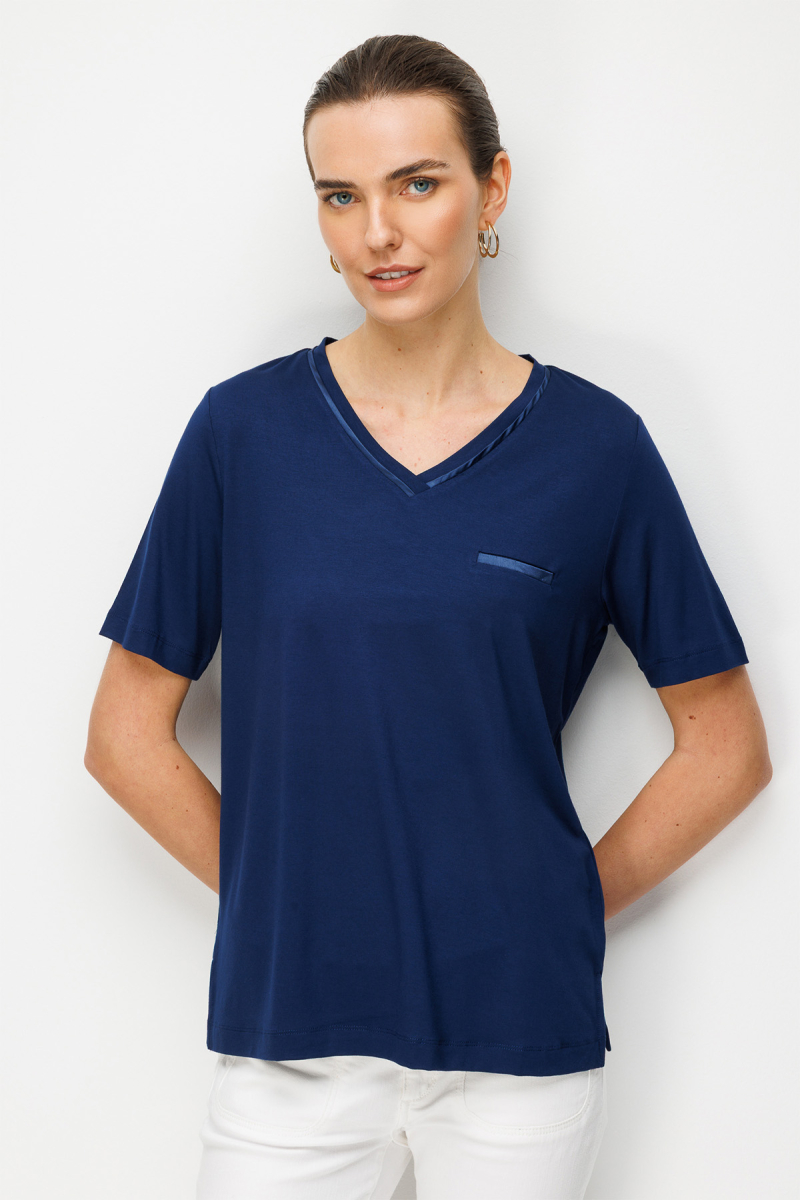 Desen Triko Kadın V Yaka Cebi Saten Şeritli Penye T-Shirt 26828 Lacivert Lacivert