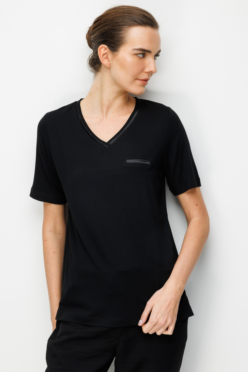 Desen Triko Kadın V Yaka Cebi Saten Şeritli Penye T-Shirt 26828 Siyah Siyah