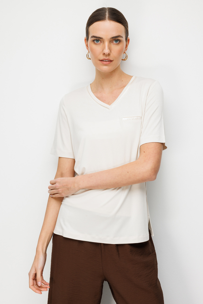 Desen Triko Kadın V Yaka Cebi Saten Şeritli Penye T-Shirt 26828 Taş Taş