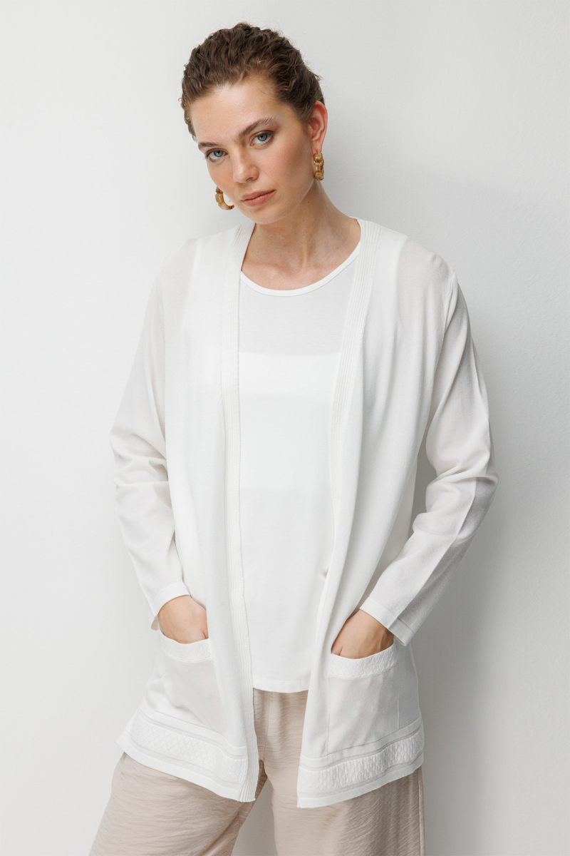 Desen Triko Kadın V Yaka Etek Ucu Baklavalı Önü Açık İnce Triko Hırka 26366 Kemik Kemik