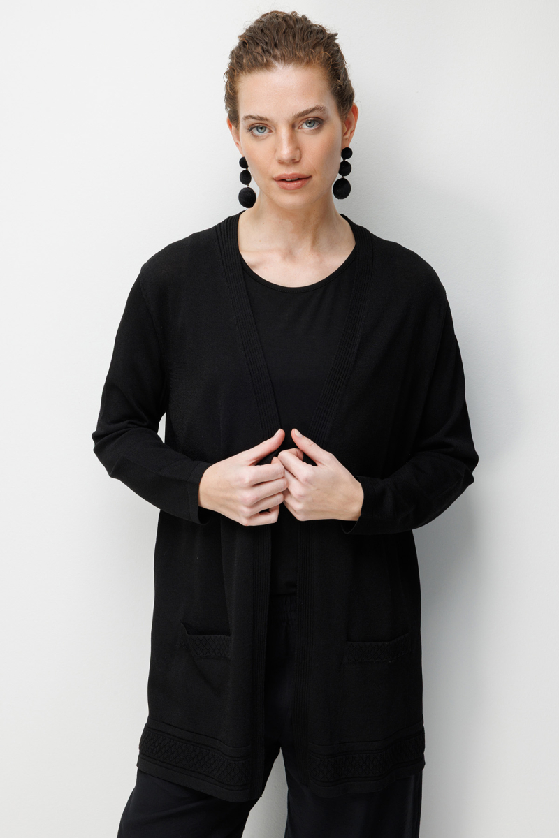 Desen Triko Kadın V Yaka Etek Ucu Baklavalı Önü Açık İnce Triko Hırka 26366 Siyah Siyah