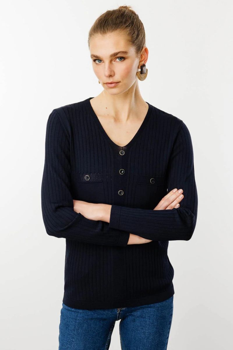 Desen Triko Kadın V Yaka Fitilli Triko Bluz 25353 Lacivert Lacivert