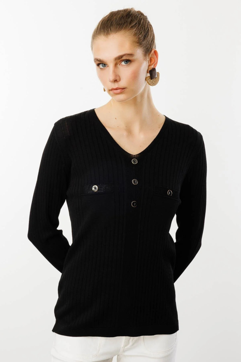 Desen Triko Kadın V Yaka Fitilli Triko Bluz 25353 Siyah Siyah