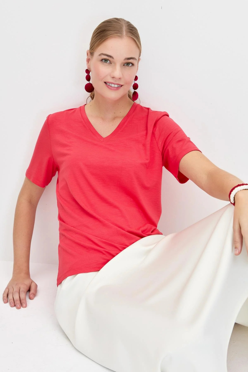 Desen Triko Kadın V Yaka Flamlı Kumaş Basic T-Shirt KMY24085 Mercan Mercan