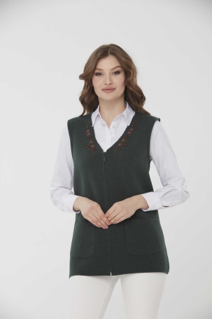 Desen Triko Kadın V Yaka İşlemeli Cepli Yün Yelek 0242191 Yeşil Yeşil