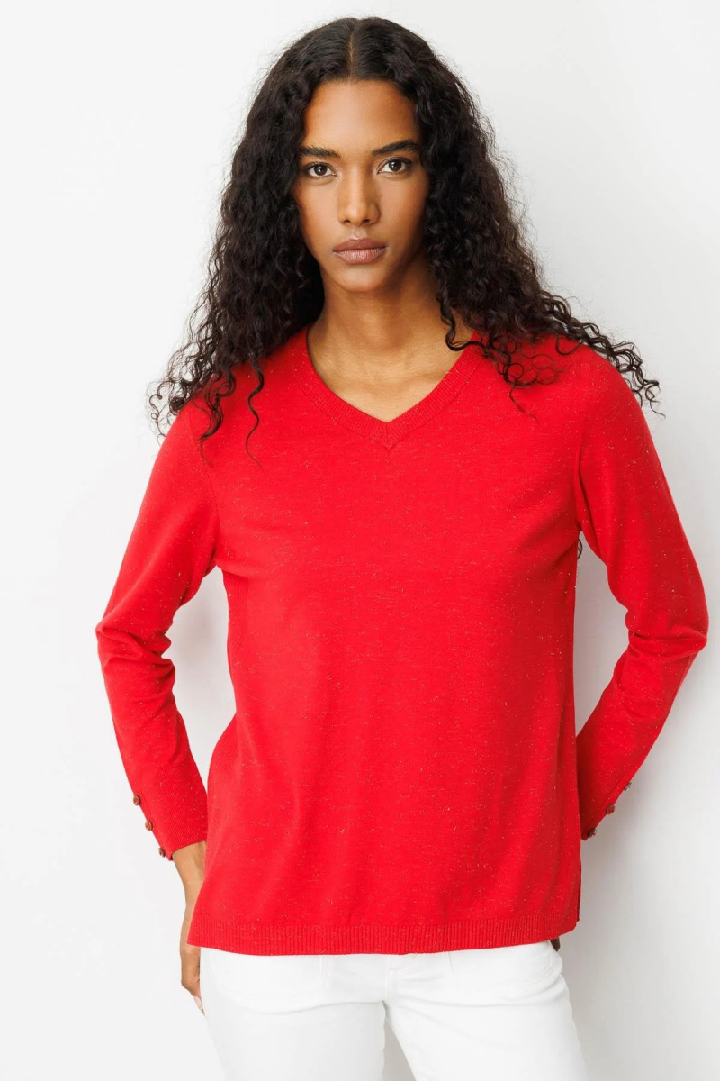Desen Triko Kadın V Yaka Kolları Düğmeli Simli Bluz 23393 Açık Kırmızı AÇIK KIRMIZI