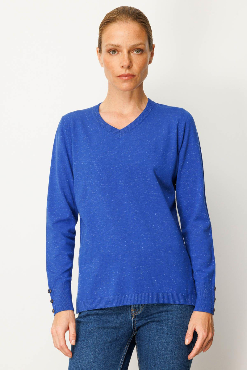 Desen Triko Kadın V Yaka Kolları Düğmeli Simli Bluz 23393 Saks Saks