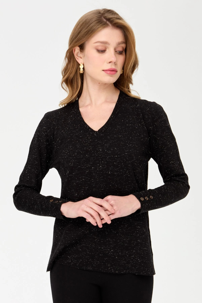 Desen Triko Kadın V Yaka Kolları Düğmeli Simli Bluz 23393 Siyah Siyah