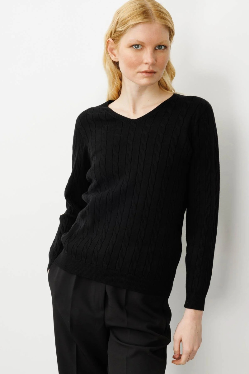 Desen Triko Kadın V Yaka Komple Saç Örgülü Kazak 24328 Siyah Siyah