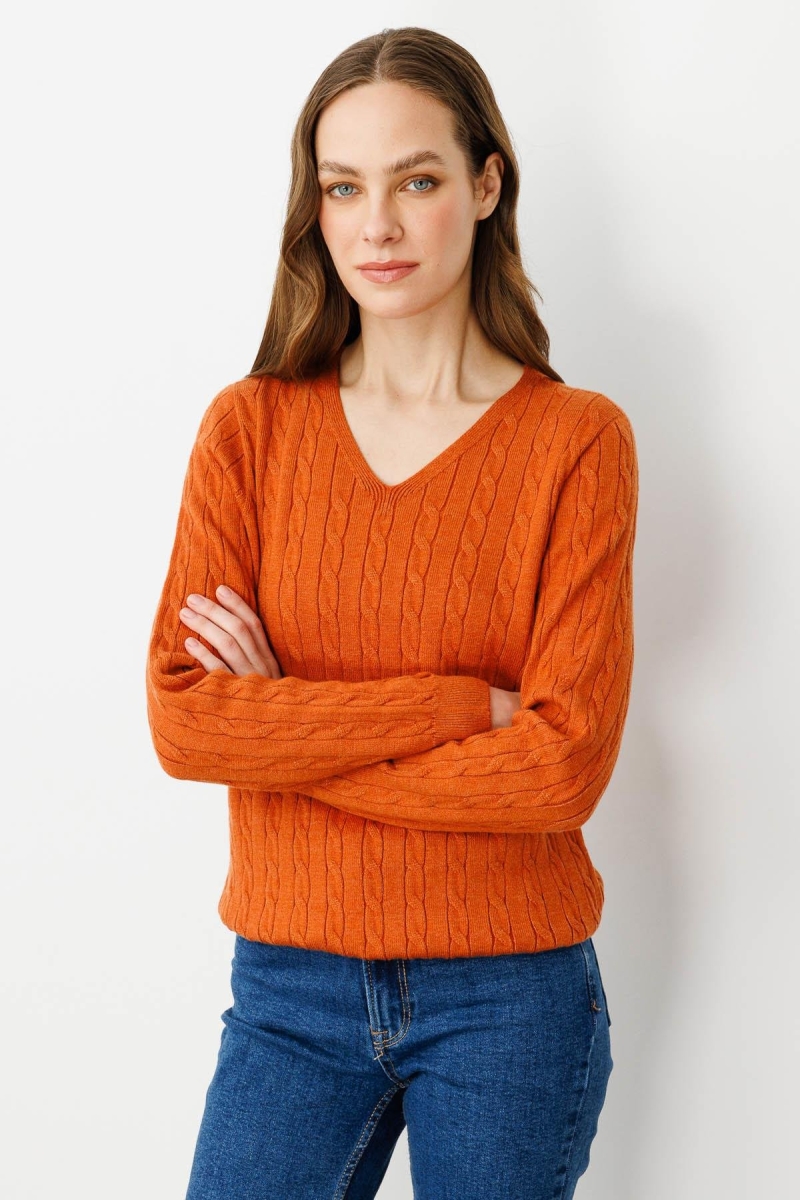 Desen Triko Kadın V Yaka Komple Saç Örgülü Kazak 24328 Turuncu Turuncu
