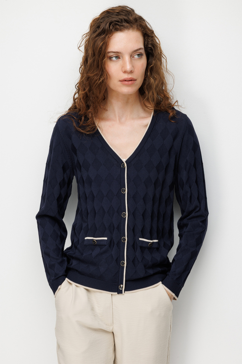 Desen Triko Kadın V Yaka Küçük Baklava Desenli İnce Triko Hırka 26360 Lacivert Lacivert