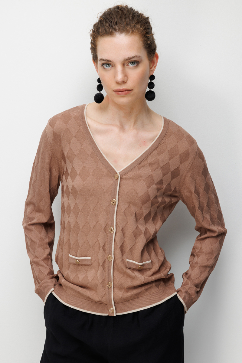 Desen Triko Kadın V Yaka Küçük Baklava Desenli İnce Triko Hırka 26360 Mocha MOCHA