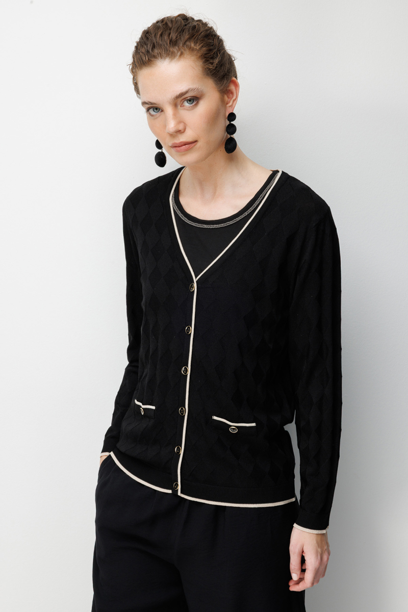 Desen Triko Kadın V Yaka Küçük Baklava Desenli İnce Triko Hırka 26360 Siyah Siyah