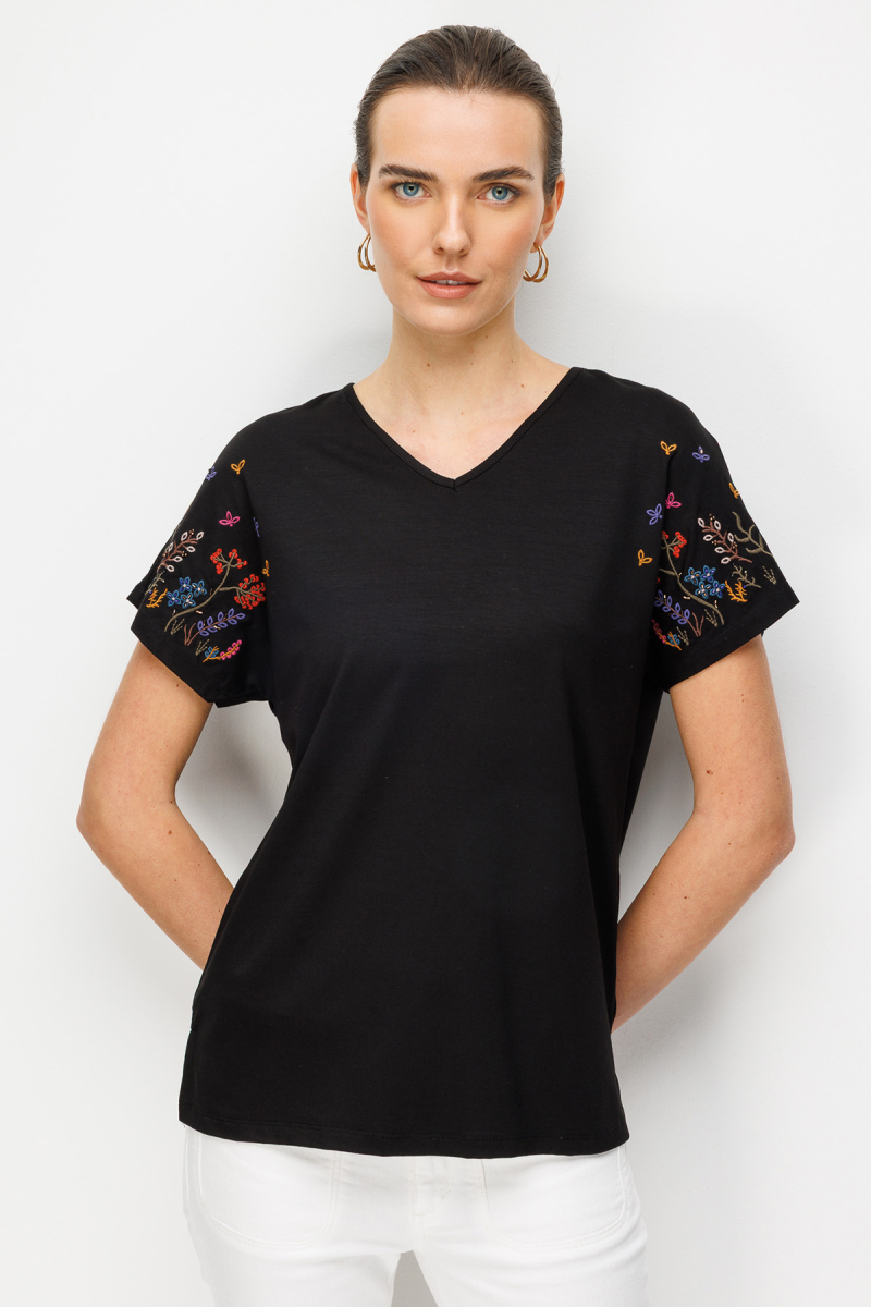 Desen Triko Kadın V Yaka Nakış İşlemeli Düşük Kollu Penye T-Shirt 26703 Siyah Siyah