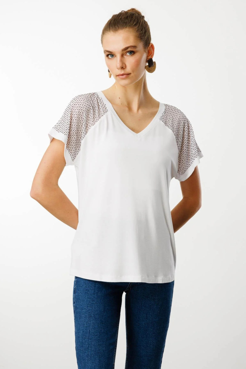 Desen Triko Kadın V Yaka Omuzları Taş Baskılı Penye T-Shirt 25836 Beyaz Beyaz