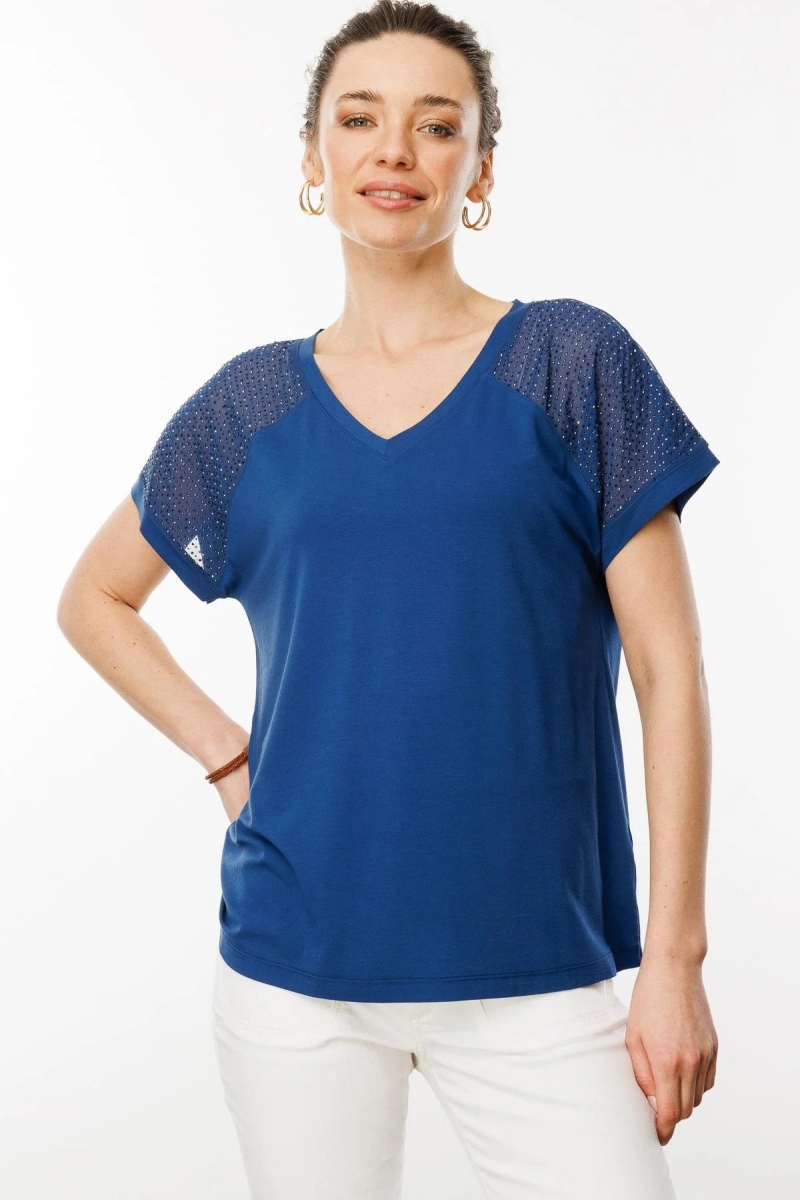 Desen Triko Kadın V Yaka Omuzları Taş Baskılı Penye T-Shirt 25836 Lacivert Lacivert