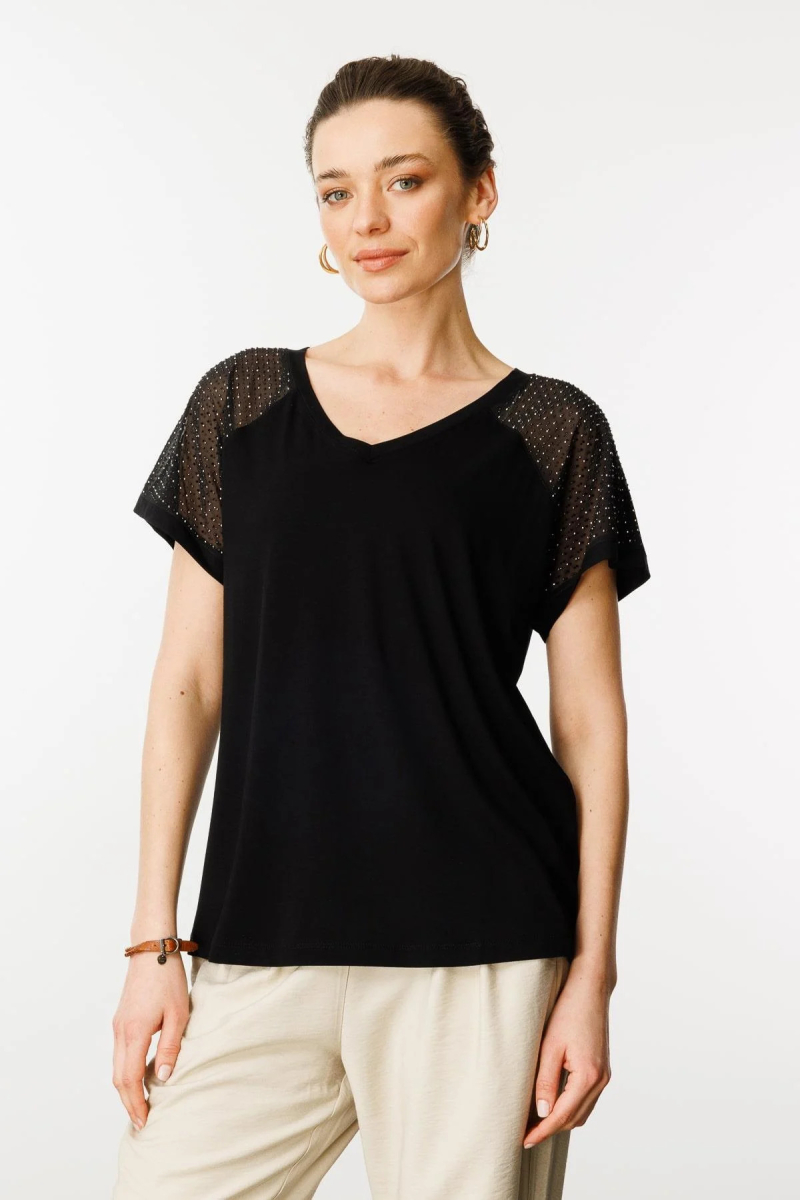 Desen Triko Kadın V Yaka Omuzları Taş Baskılı Penye T-Shirt 25836 Siyah Siyah