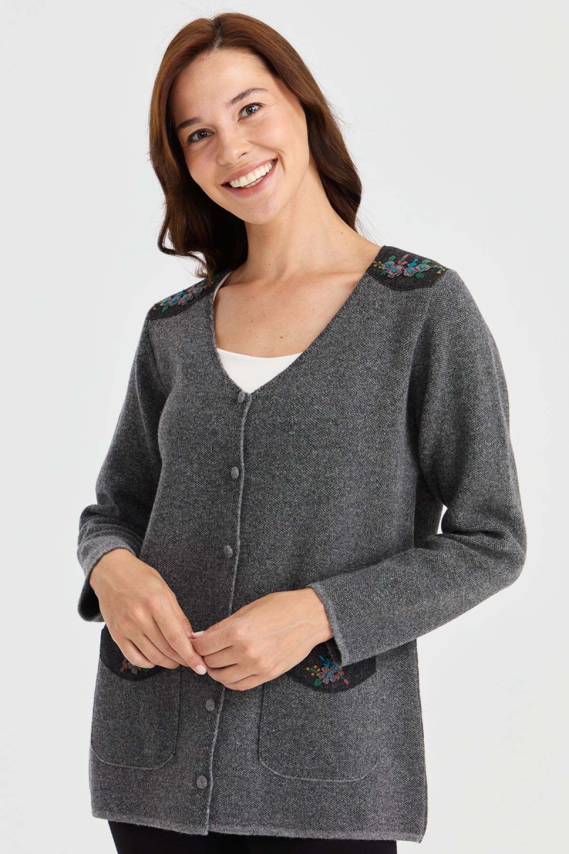 Desen Triko Kadın V Yaka Omzu ve Cebi Keçe İşlemeli Yün Ceket 23009 Füme Füme