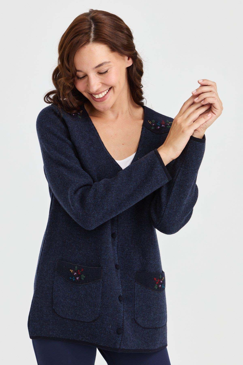 Desen Triko Kadın V Yaka Omzu ve Cebi Keçe İşlemeli Yün Ceket 23009 Koyu Lacivert Koyu Lacivert
