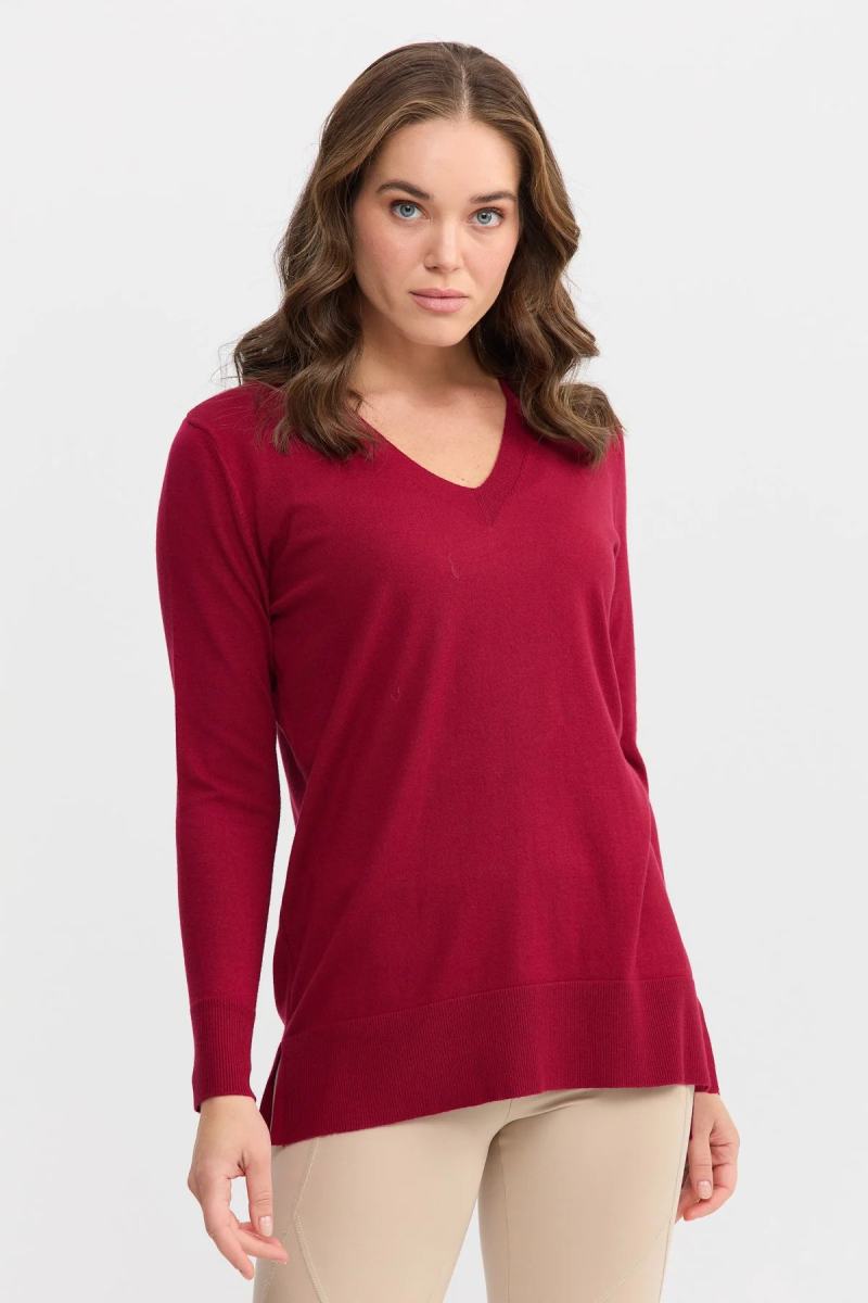 Desen Triko Kadın V Yaka Önü Arkası Yırtmaçlı Kazak 22364 Vişne Vişne