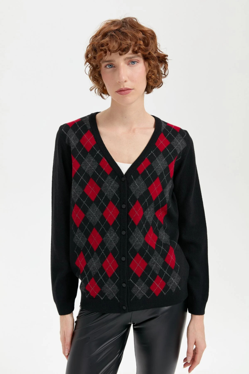 Desen Triko Kadın V Yaka Önü Baklavalı Hırka 24040 Siyah Siyah