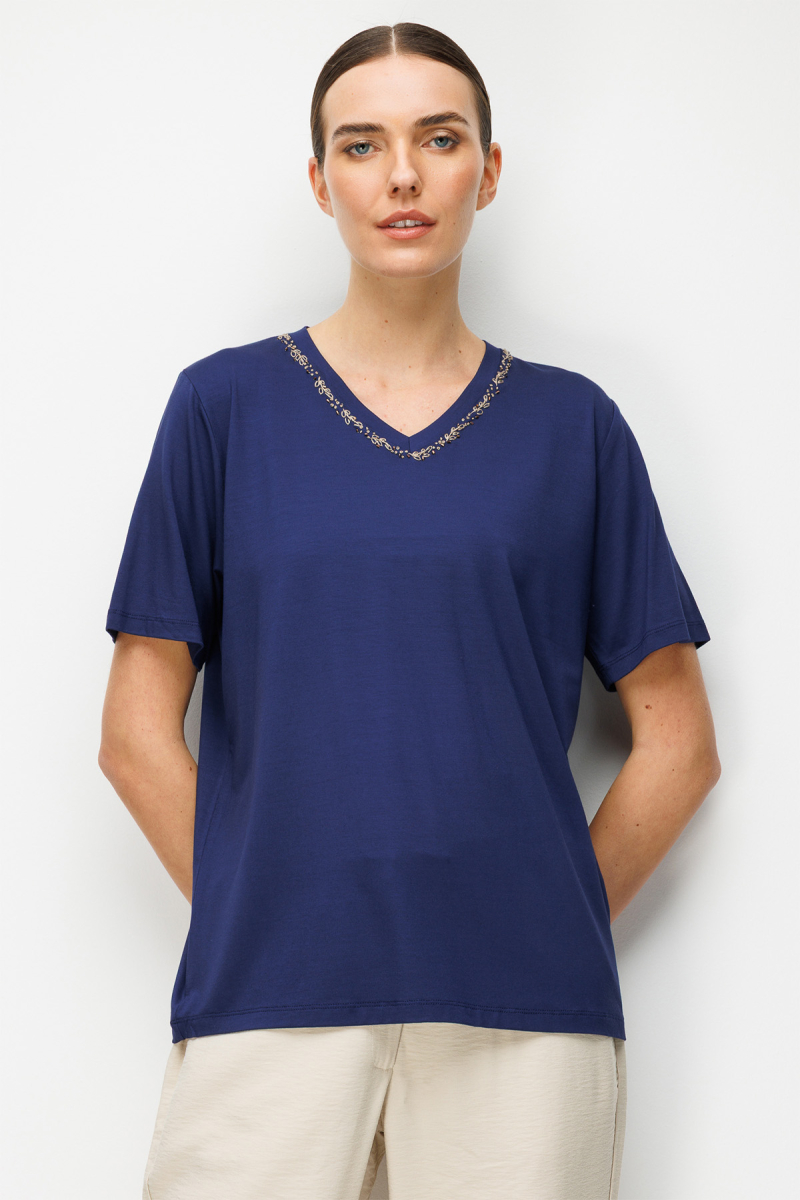 Desen Triko Kadın V Yaka Yaka Kenarı İşlemeli Penye T-Shirt 26704 Lacivert Lacivert