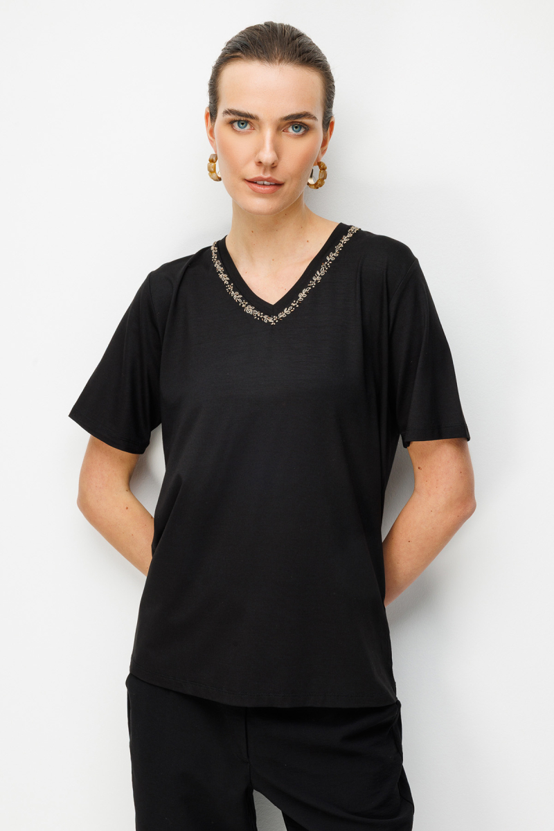 Desen Triko Kadın V Yaka Yaka Kenarı İşlemeli Penye T-Shirt 26704 Siyah Siyah