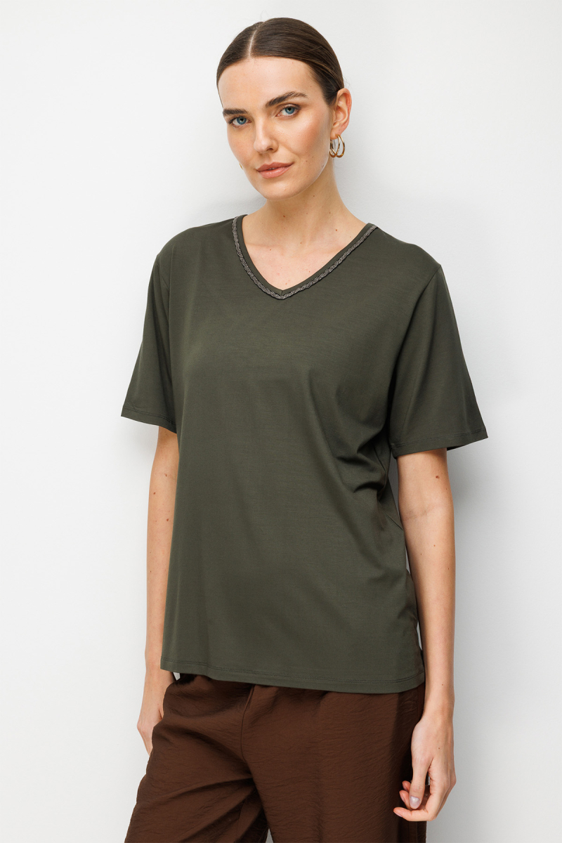 Desen Triko Kadın V Yaka Yaka Kenarı Zincirli Penye T-Shirt 26707 Haki Haki