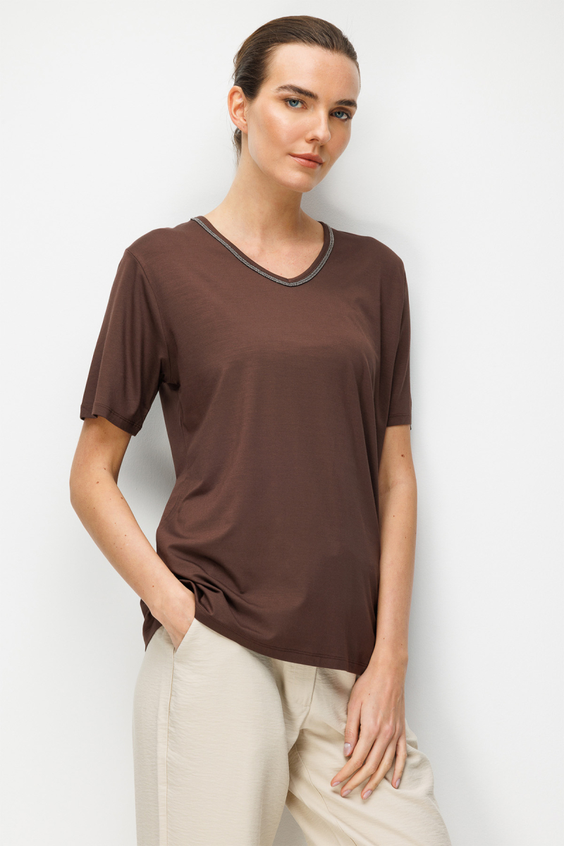 Desen Triko Kadın V Yaka Yaka Kenarı Zincirli Penye T-Shirt 26707 Kahverengi Kahverengi