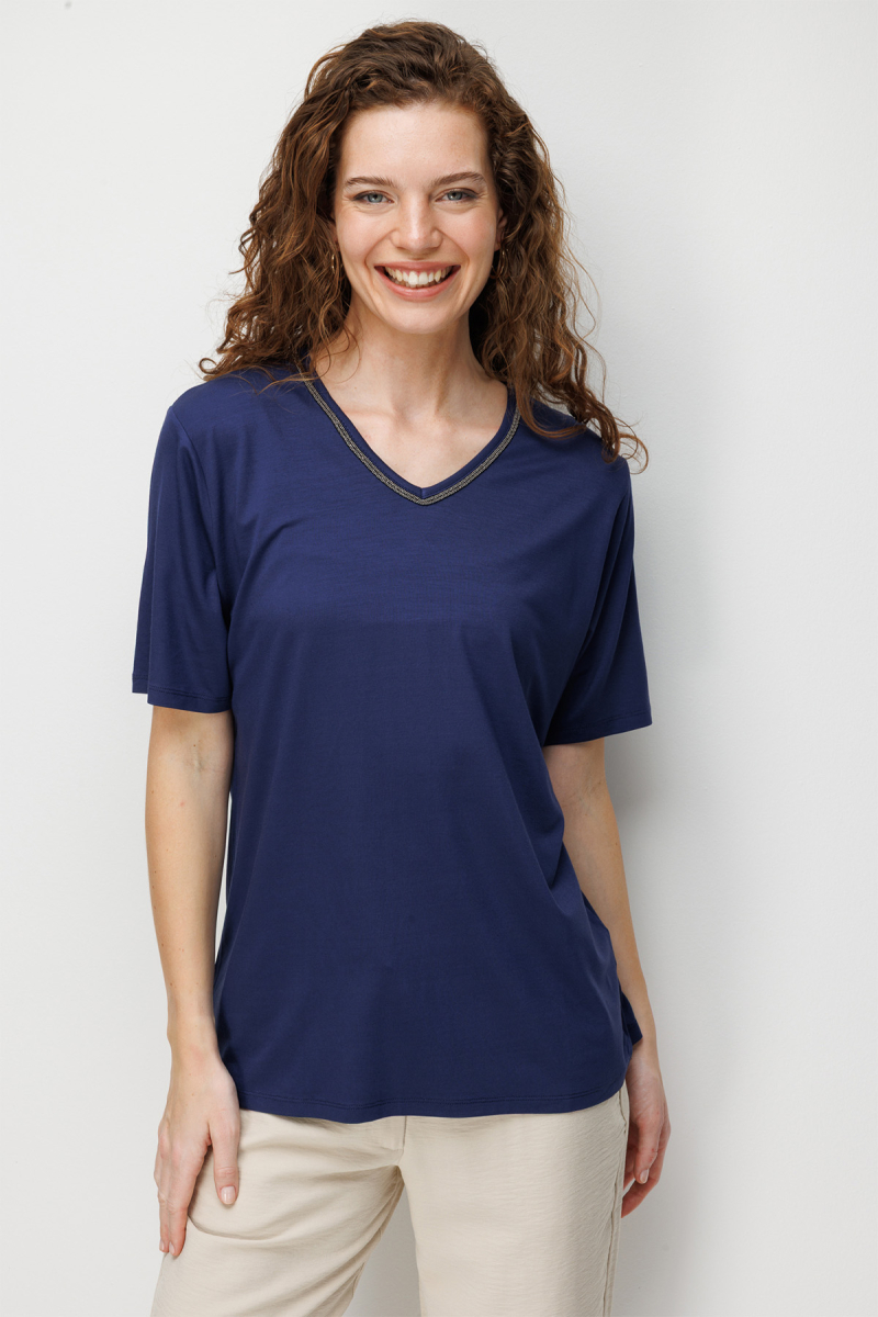 Desen Triko Kadın V Yaka Yaka Kenarı Zincirli Penye T-Shirt 26707 Lacivert Lacivert