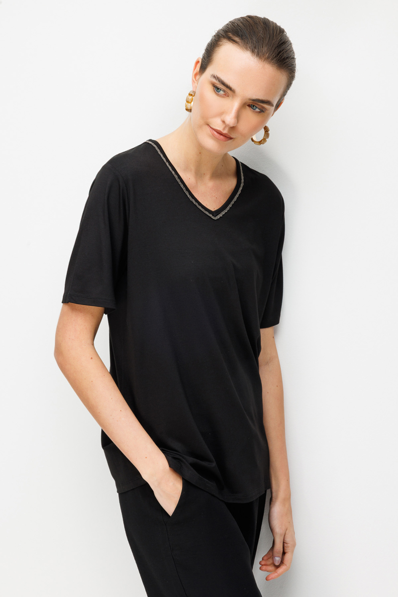 Desen Triko Kadın V Yaka Yaka Kenarı Zincirli Penye T-Shirt 26707 Siyah Siyah