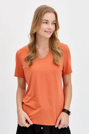 Desen Triko Kadın V Yaka Yakası Simli T-Shirt KMY24039 Kiremit Kiremit