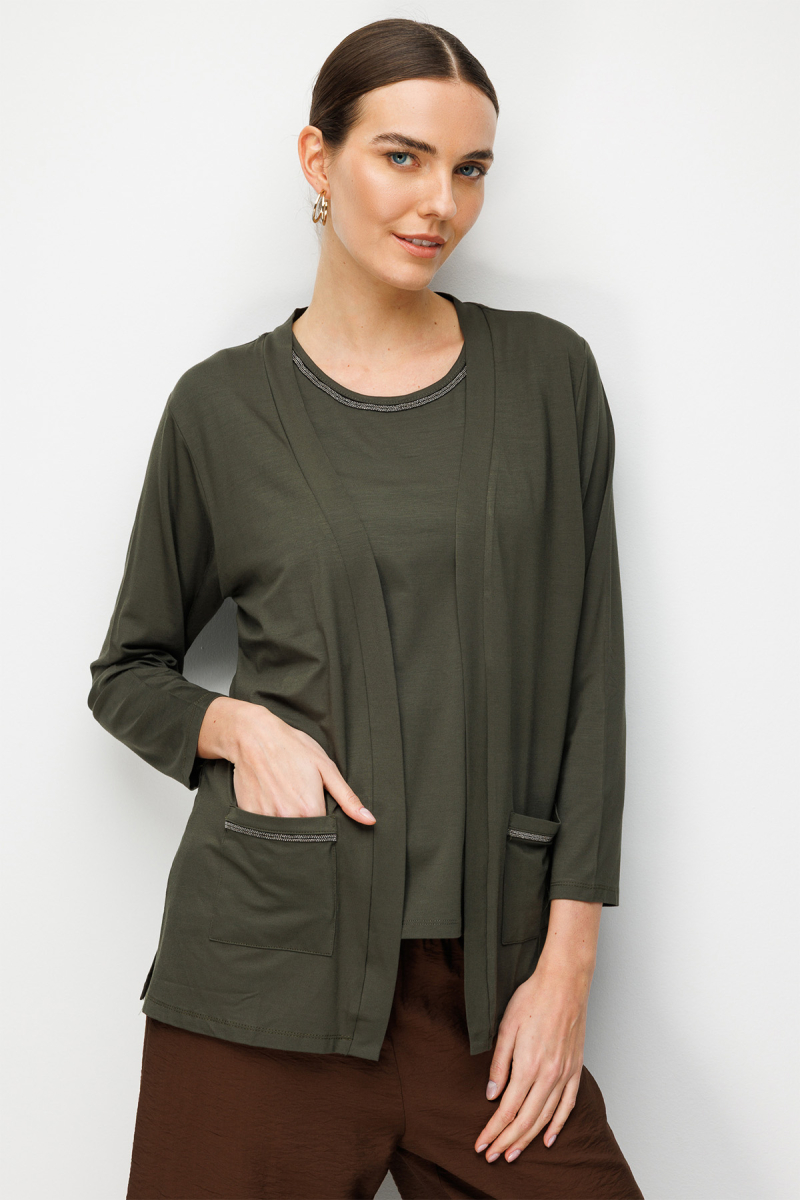 Desen Triko Kadın V Yaka Yakası ve Cep Üstü Zincirli Penye Hırka 26709 Haki Haki