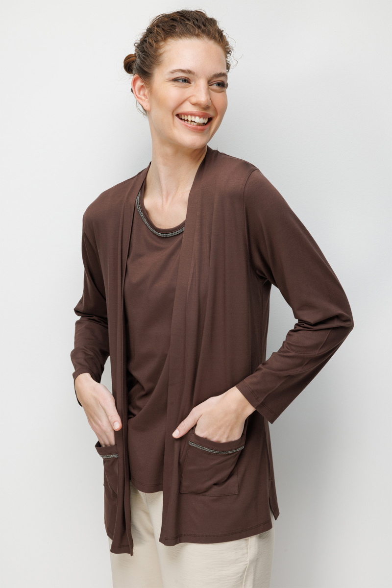 Desen Triko Kadın V Yaka Yakası ve Cep Üstü Zincirli Penye Hırka 26709 Kahverengi Kahverengi