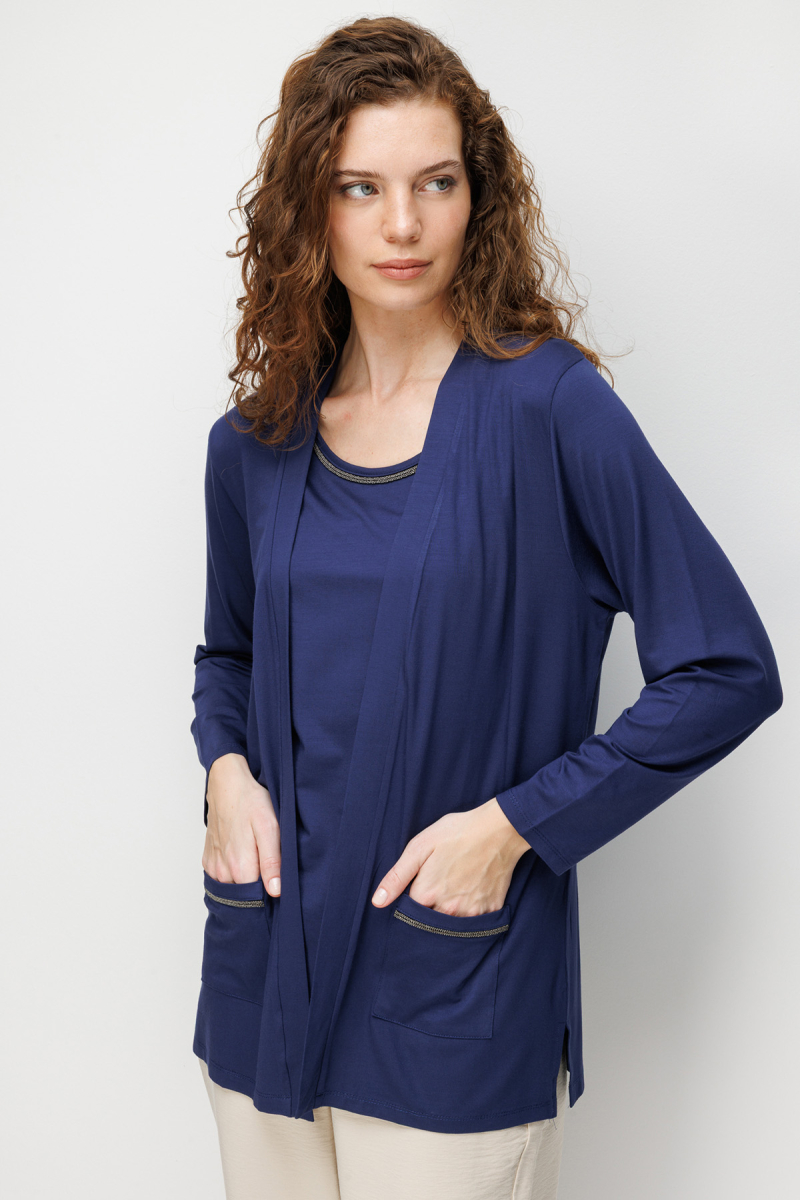 Desen Triko Kadın V Yaka Yakası ve Cep Üstü Zincirli Penye Hırka 26709 Lacivert Lacivert