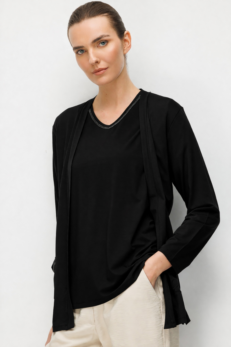 Desen Triko Kadın V Yaka Yakası ve Cep Üstü Zincirli Penye Hırka 26709 Siyah Siyah