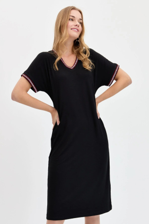 Desen Triko Kadın V Yaka Yakası ve Kol Ucu Renkli Penye Elbise KMY24088 Siyah Siyah