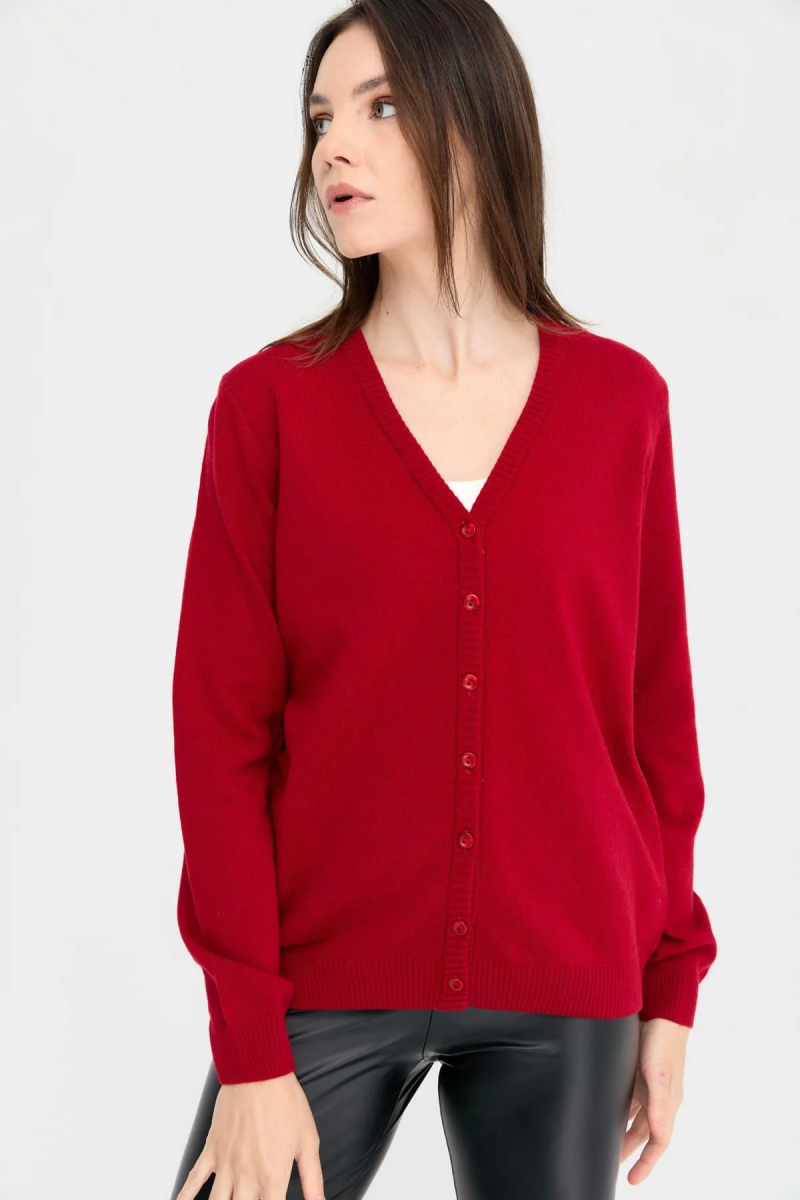 Desen Triko Kadın V Yaka Yün Hırka 21021 Kırmızı Kırmızı