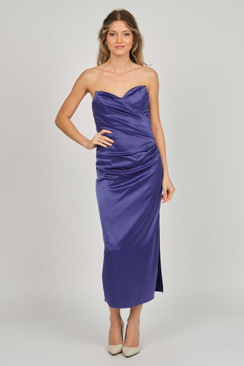 Doridorca Kadın Ara Boy Saten Abiye Elbise 5924061 Gece Mavisi GECE MAVİSİ