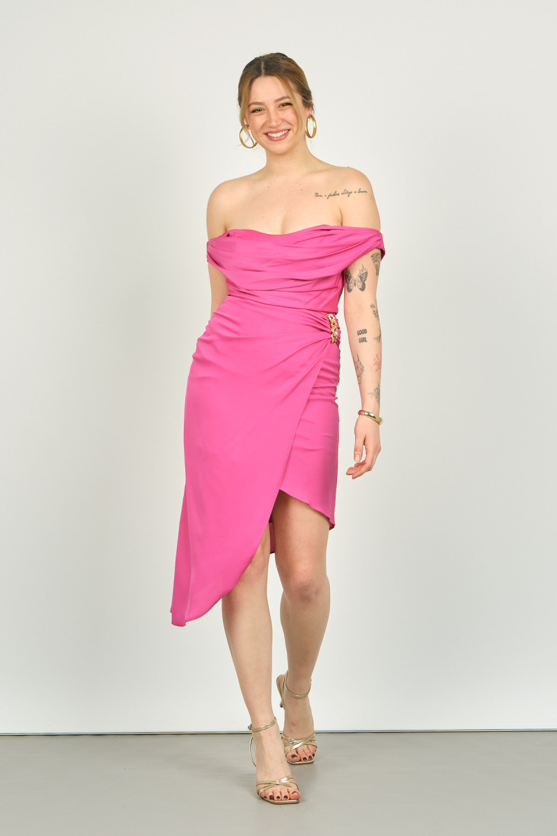Doridorca Kadın Asimetrik Midi Boy Abiye Elbise 5015 Fuşya Fuşya