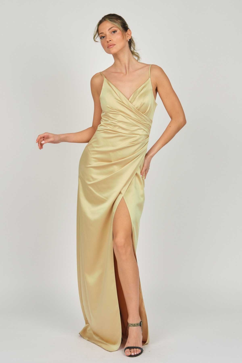 Doridorca Kadın Askılı Saten Abiye Elbise 5924028 Gold GOLD